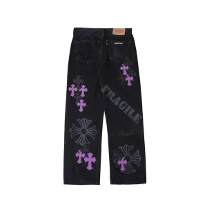 Chrome Hearts Purple Cross Patch Spray Print Black Denim Jeans