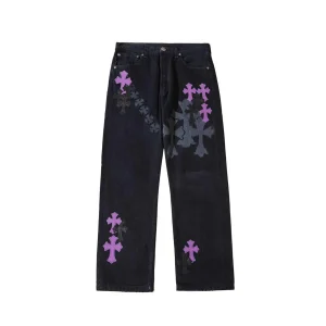 Chrome Hearts Purple Cross Patch Spray Print Black Denim Jeans