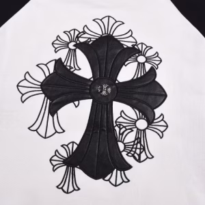 Chrome Hearts White Black Leather Cross Raglan T-Shirt
