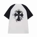 Chrome Hearts White Black Leather Cross Raglan T-Shirt