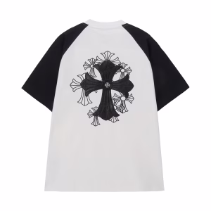 Chrome Hearts White Black Leather Cross Raglan T-Shirt